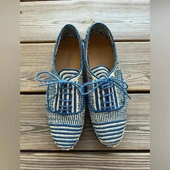 Ralph Lauren Ashaya Raffia Shoes in Blue/Cream Women's Sz 37/7